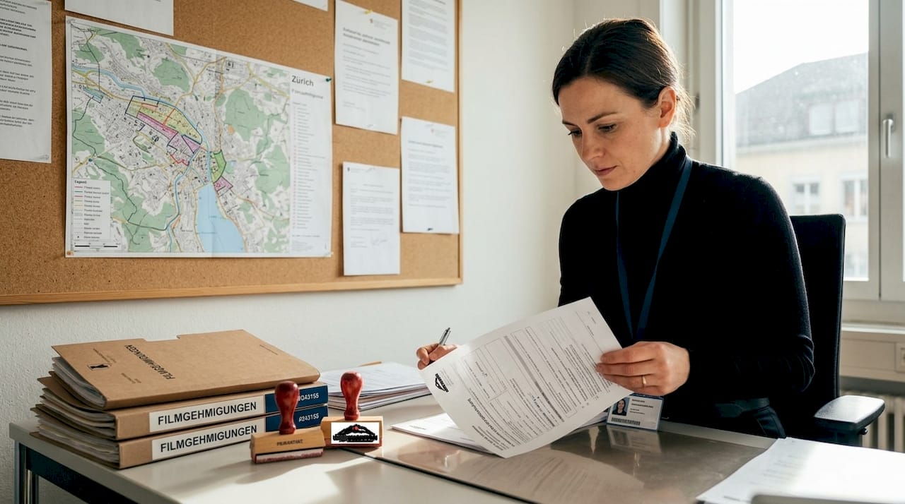Permit officer reviewing Swiss film paperwork