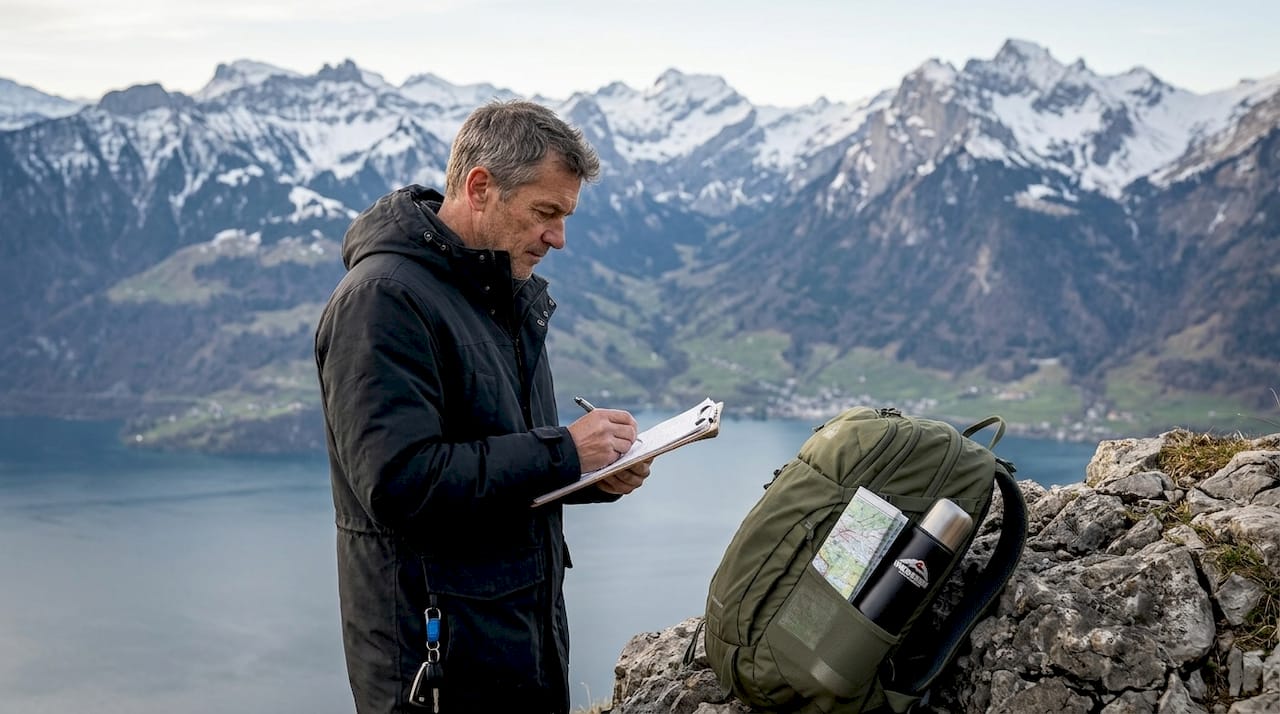 Location scout overlooking Swiss Alps and lake