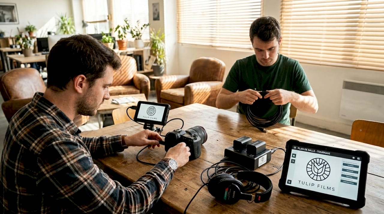 Des techniciens s’affairent à installer le matériel pour une captation multicaméra, disposé sur une grande table.