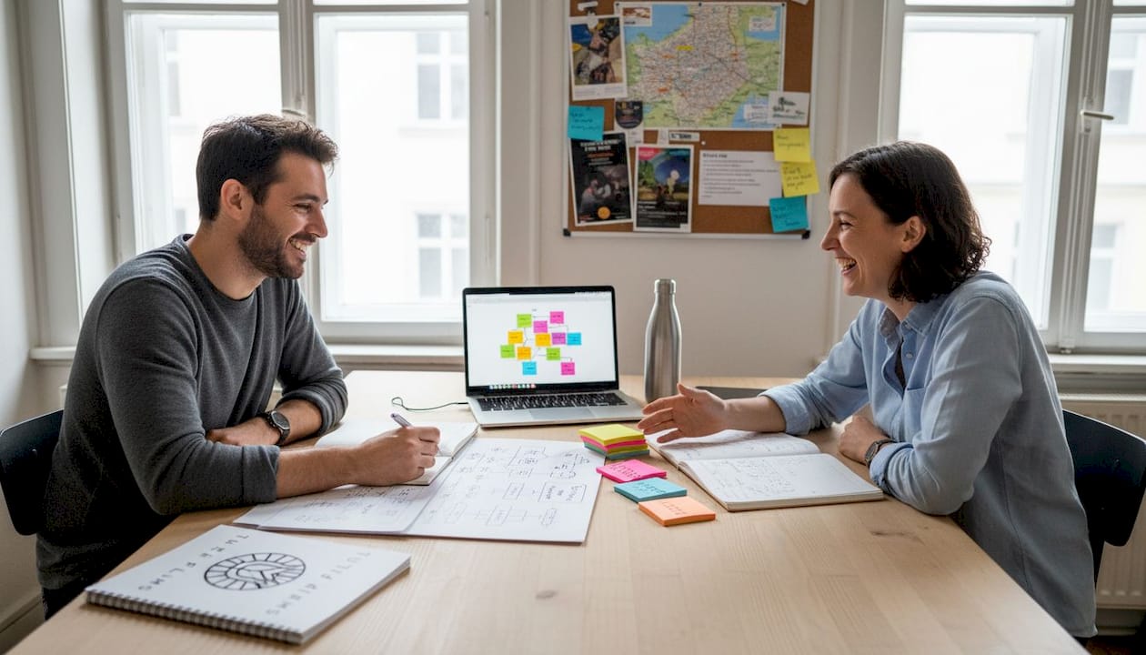 Swiss NGO staff brainstorming branding at office desk