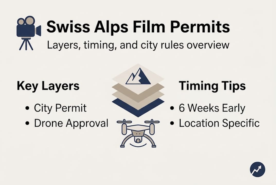 Infographic summarizing Swiss film permit essentials