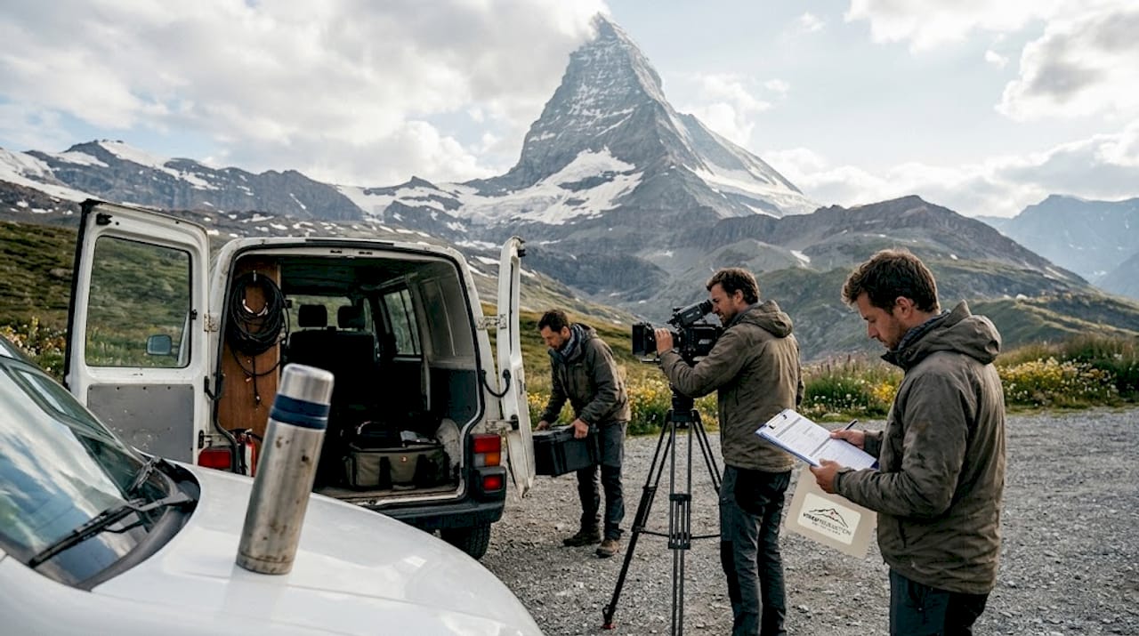 Film crew preparing gear at Swiss Alps location