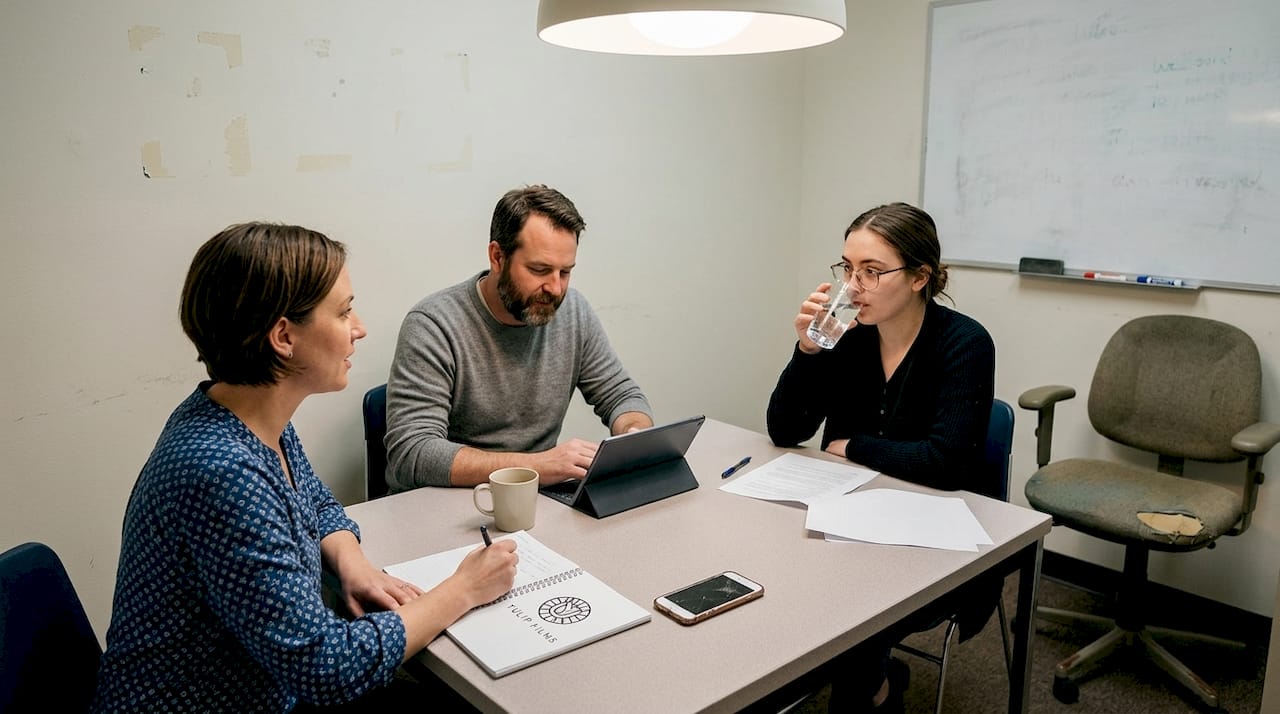 Séance de travail en équipe dans une PME pour rédiger un brief