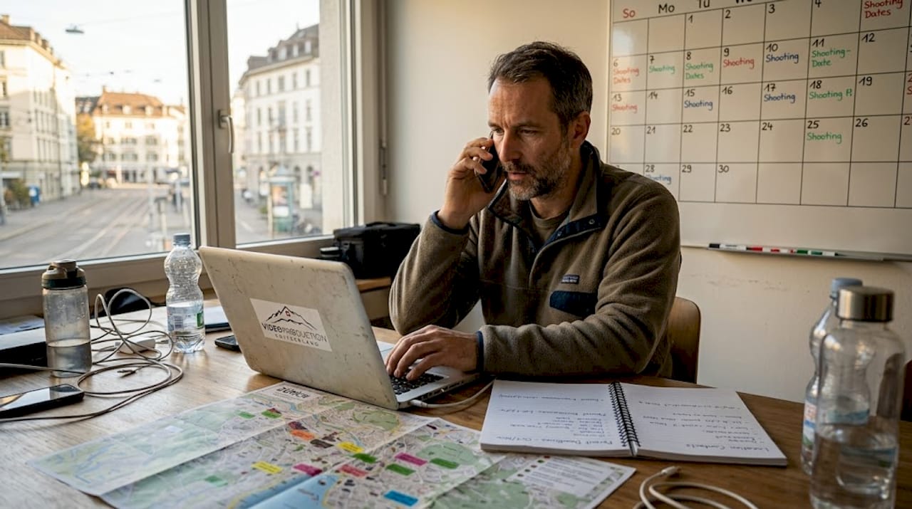 Swiss fixer multitasking at production office table