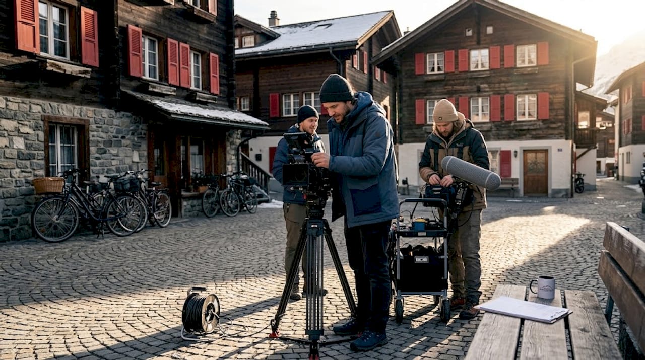 Film crew setting up in Swiss village