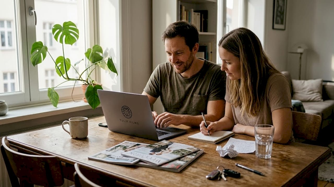 Couple planning wedding video at table