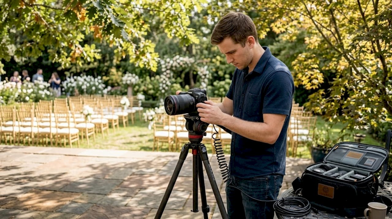 Videographer filming wedding scene on patio