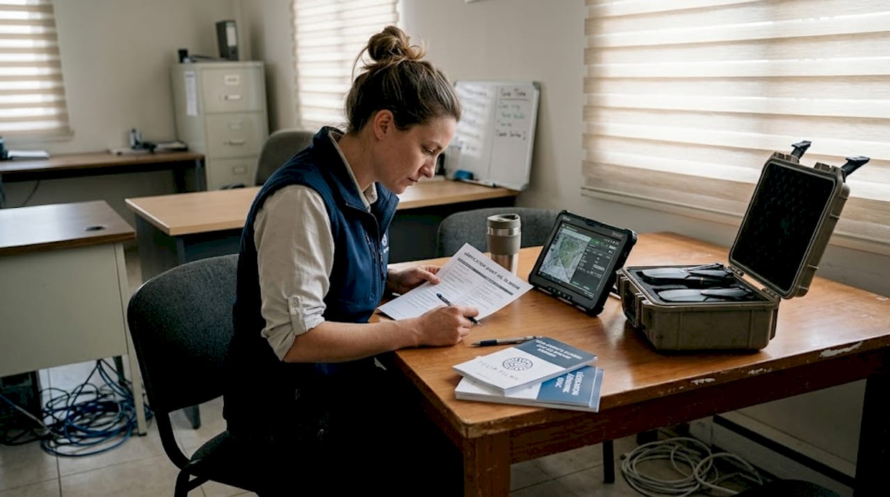 Des membres d’une ONG finalisent la liste de vérification avant le lancement d’une mission en drone.