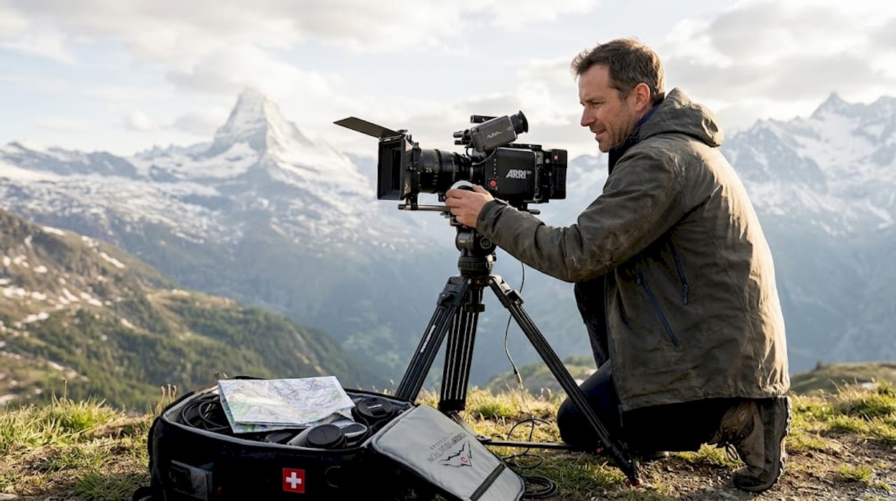 Cinematographer filming Swiss Alps morning scene