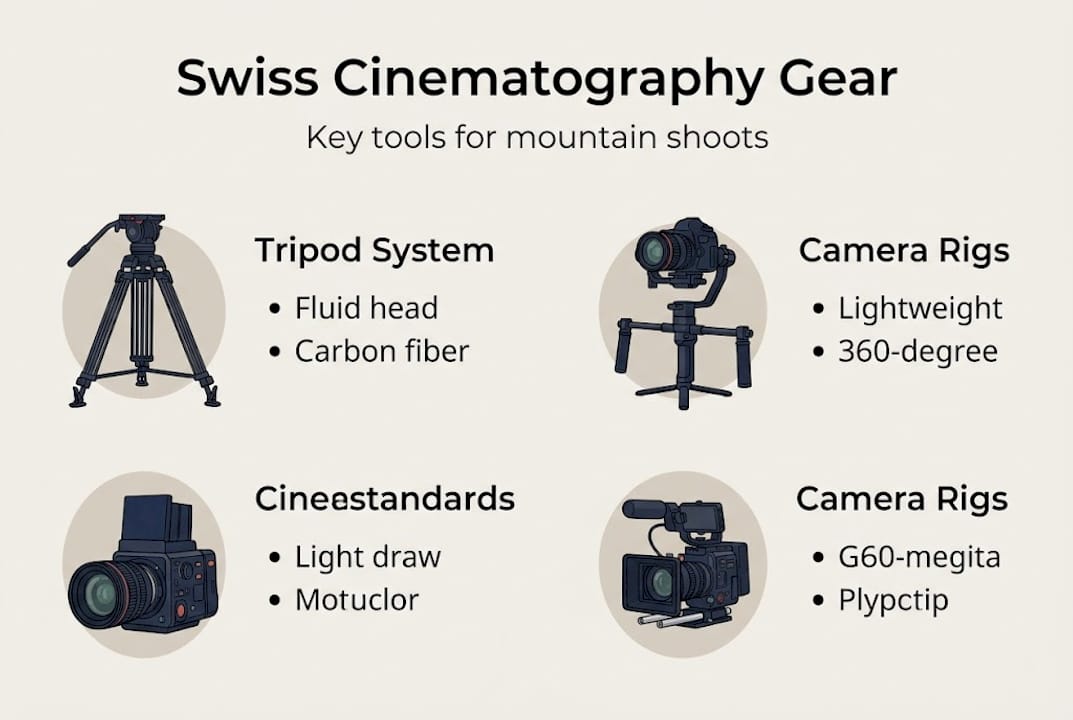 Infographic summarizing essential Swiss cinematography gear