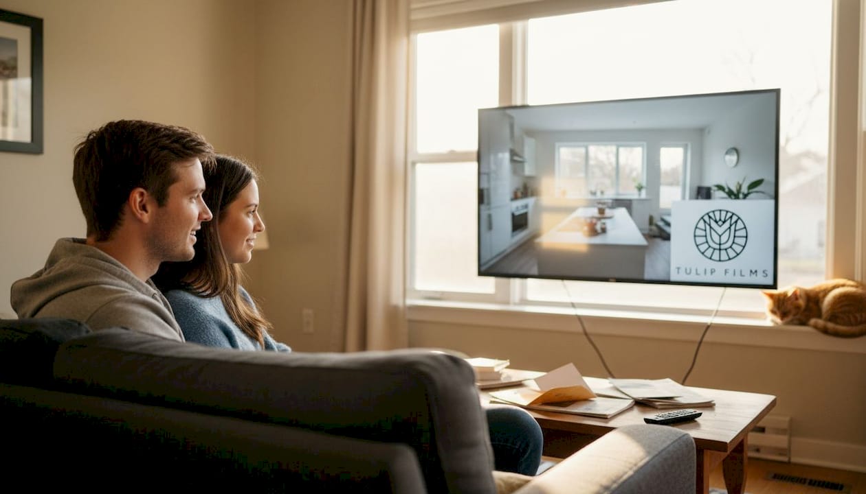 Couple watching property tour on TV