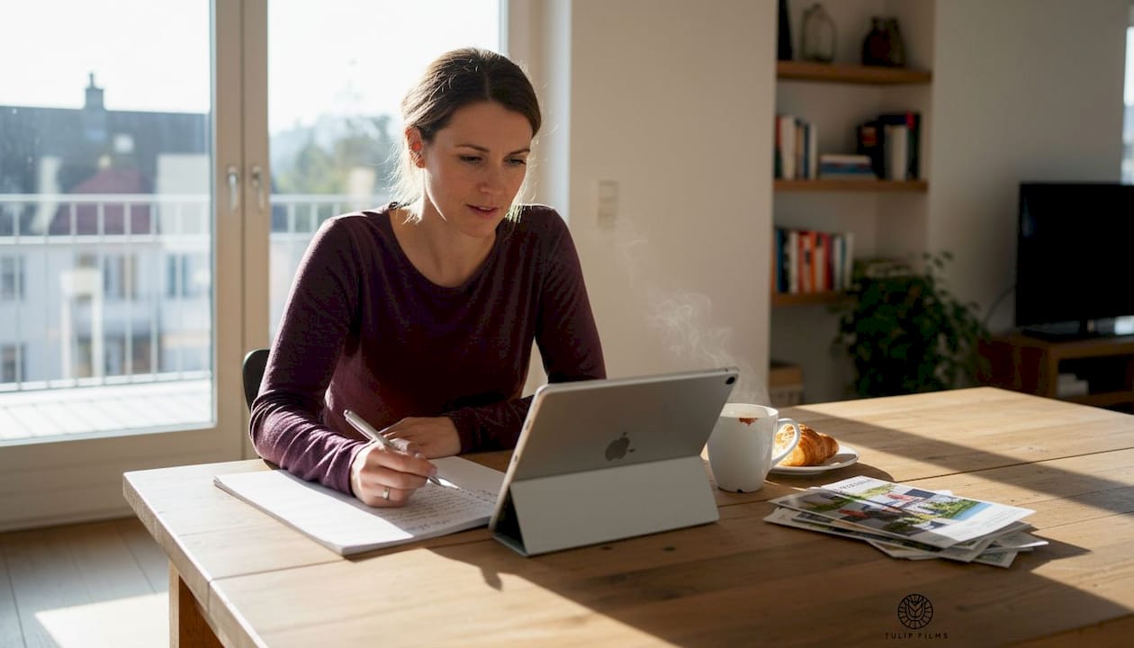 Swiss real estate agent reviewing video