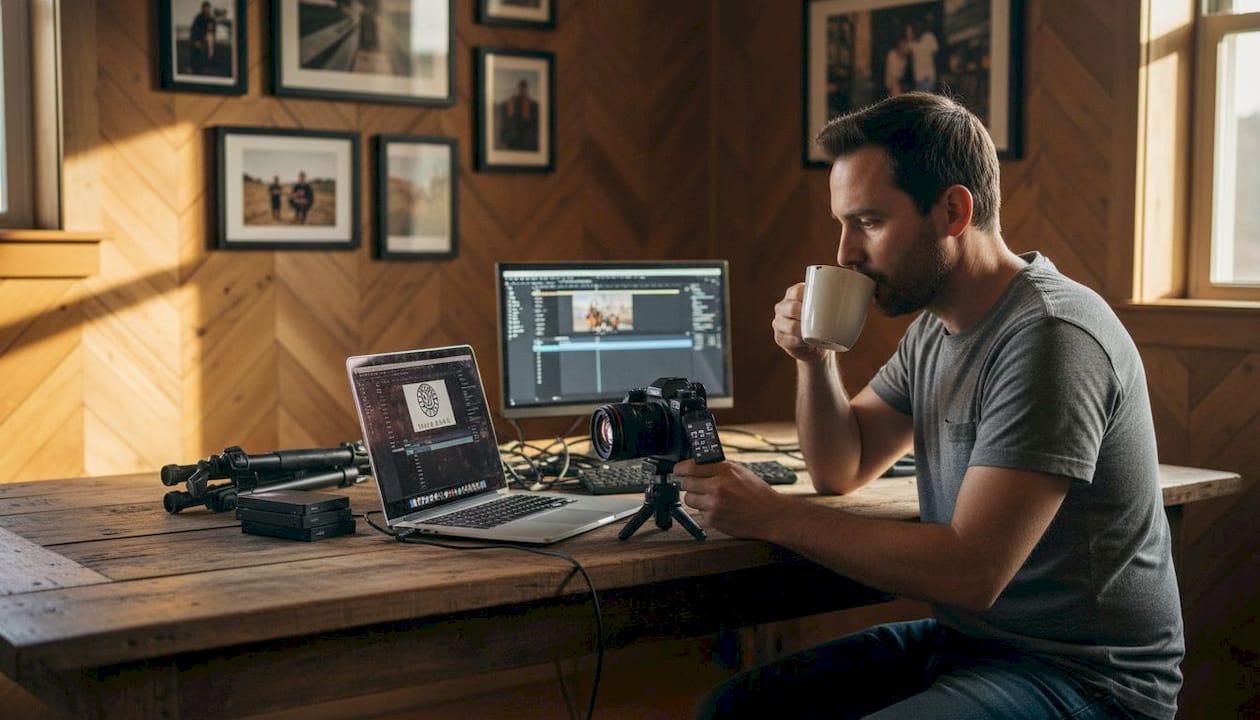 Créateur de vidéos installé dans son espace de travail à domicile