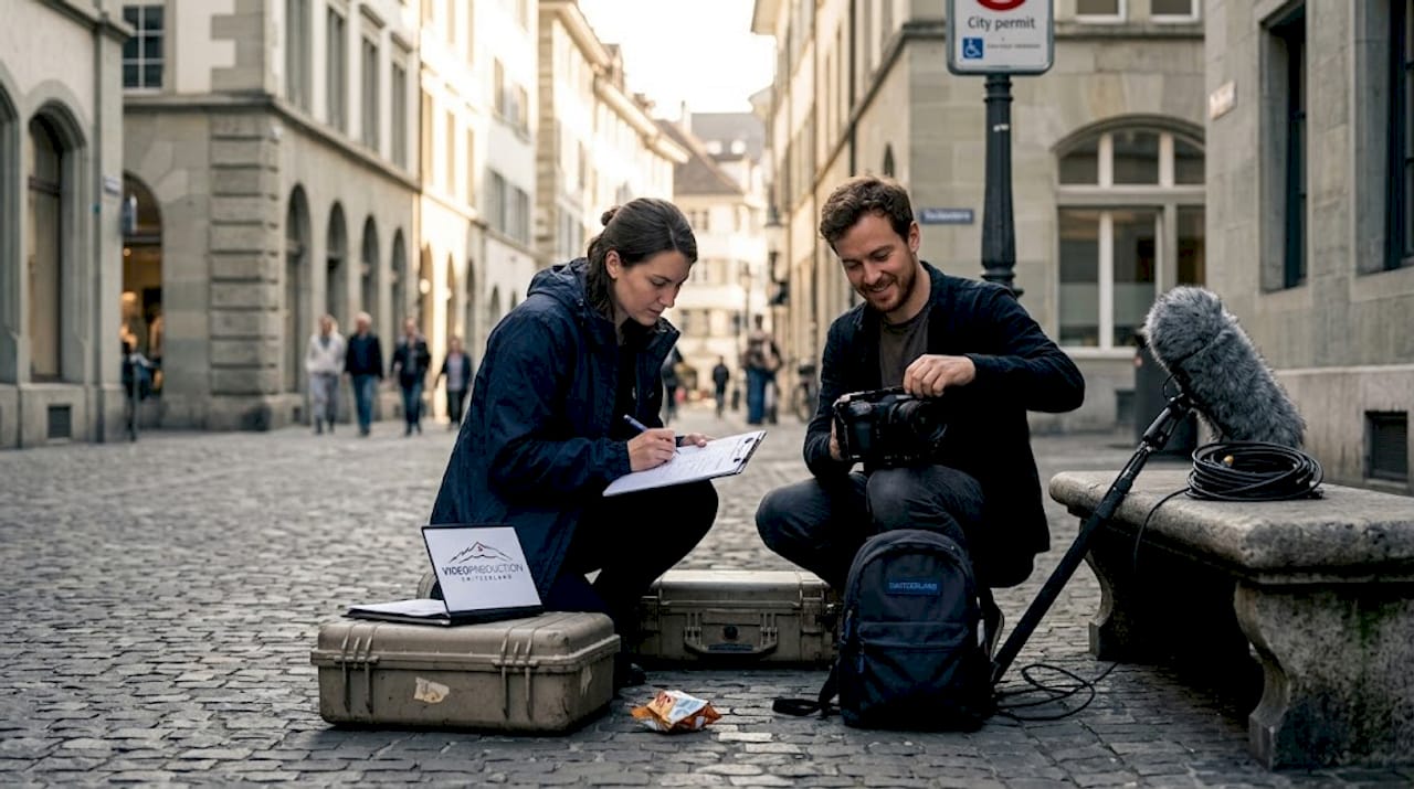 Swiss film crew prepares on city street