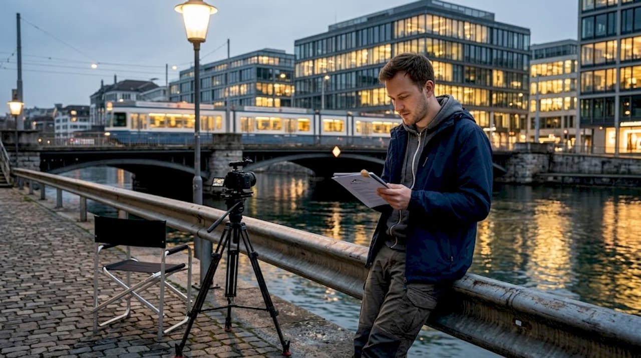Film location manager reviews shot list in Zurich