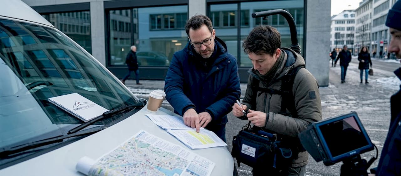 Film crew reviews permits on Zurich city street