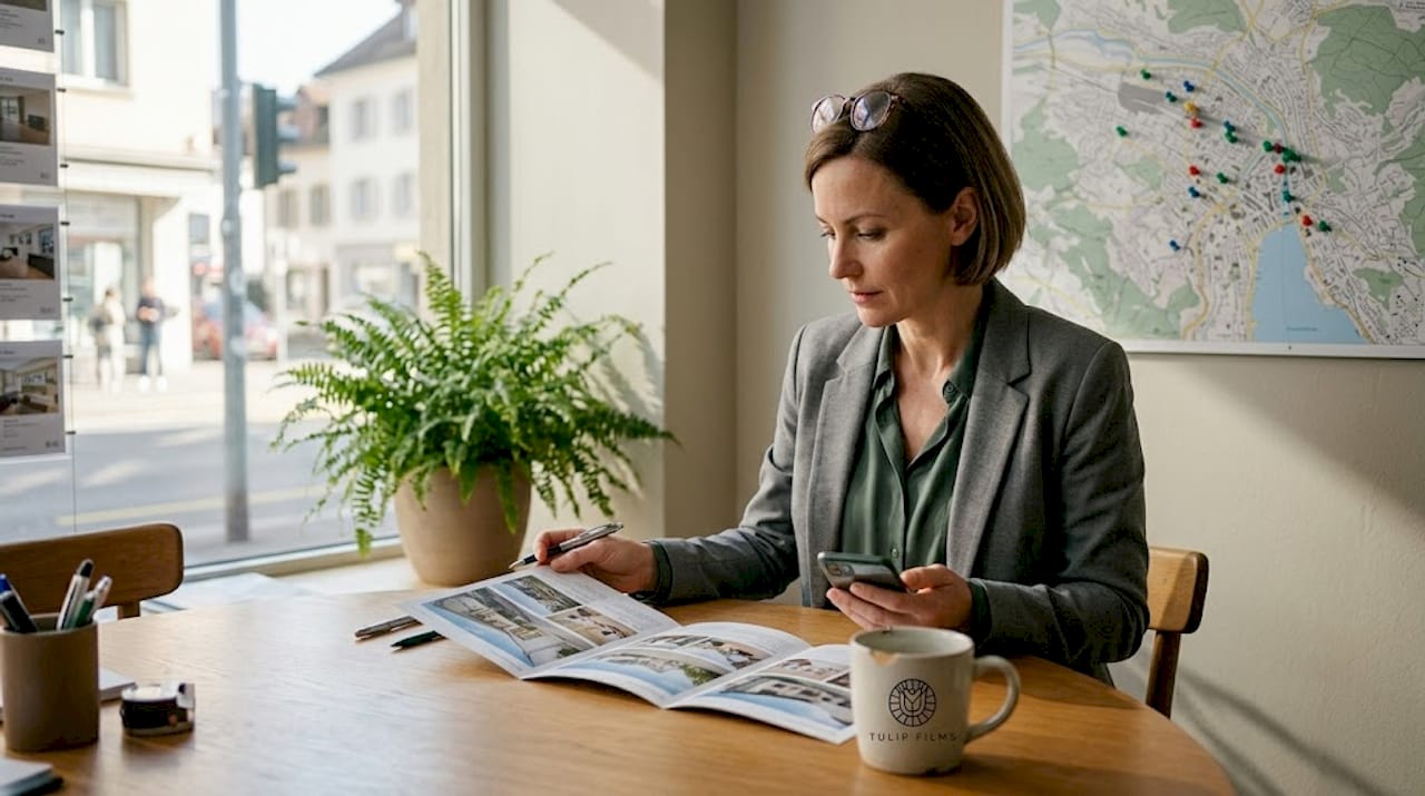 Swiss agent reviewing branding materials at table