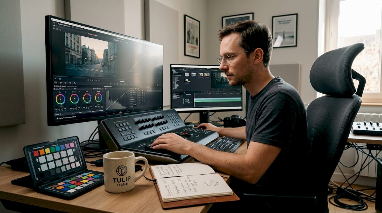 Un vidéaste en plein travail d’étalonnage des couleurs dans son studio