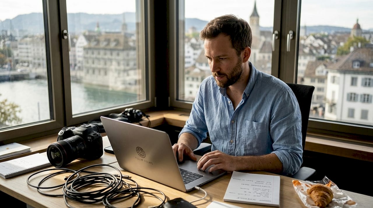 Videographer reviewing footage in Swiss office