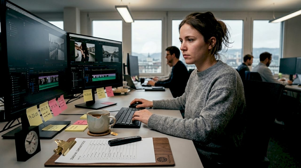 Editor trimming video clips in agency workspace