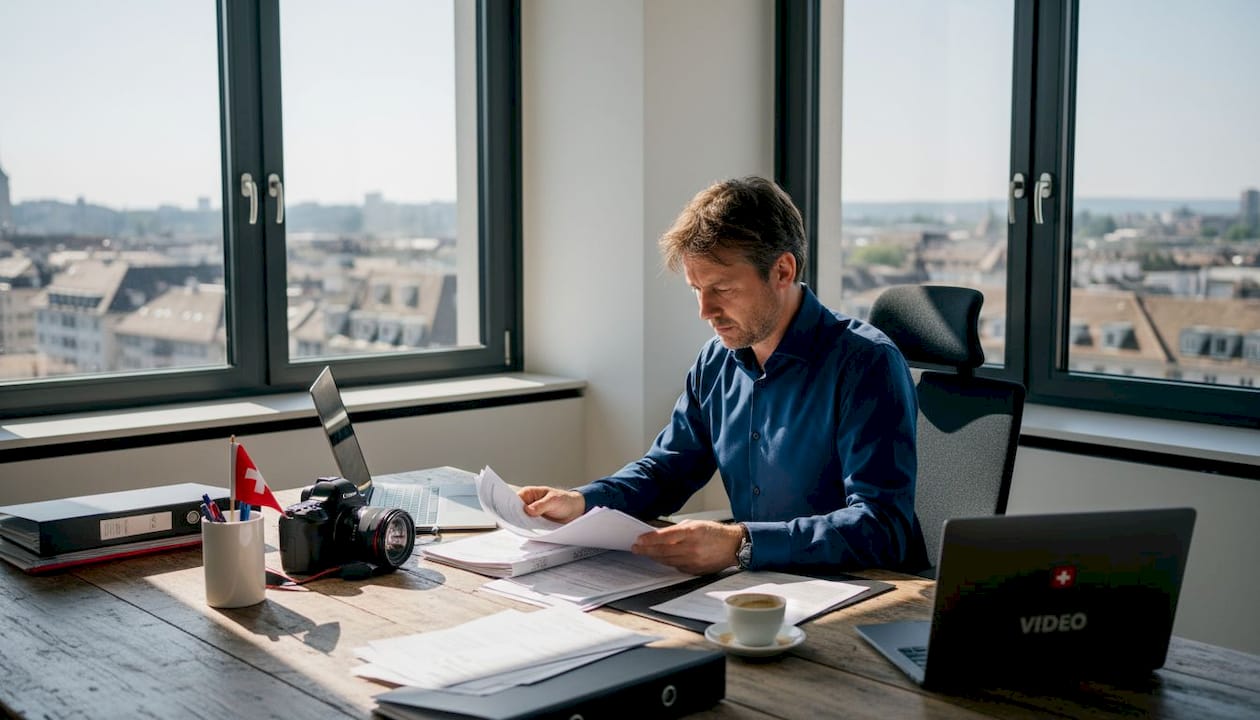 Producer reviewing video budgets in office