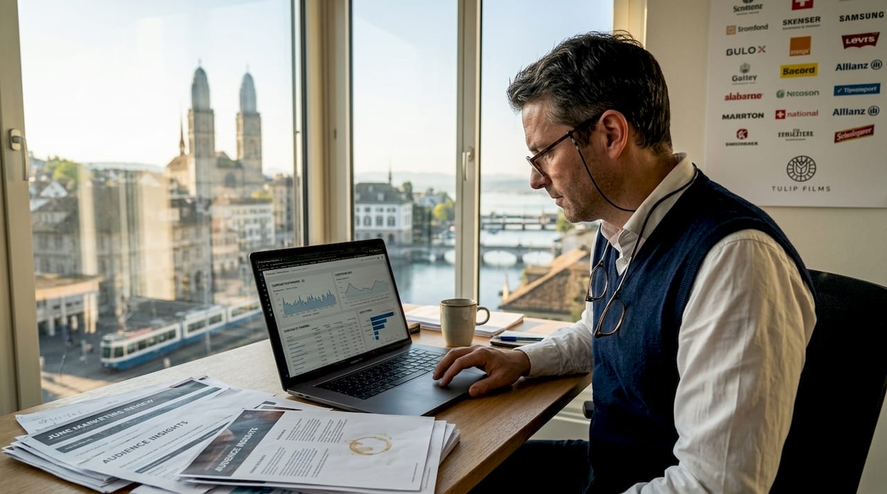 Swiss marketer reviewing campaign analytics
