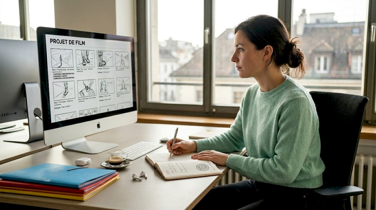 Un responsable marketing passe en revue le storyboard d'une vidéo, installé à son bureau.
