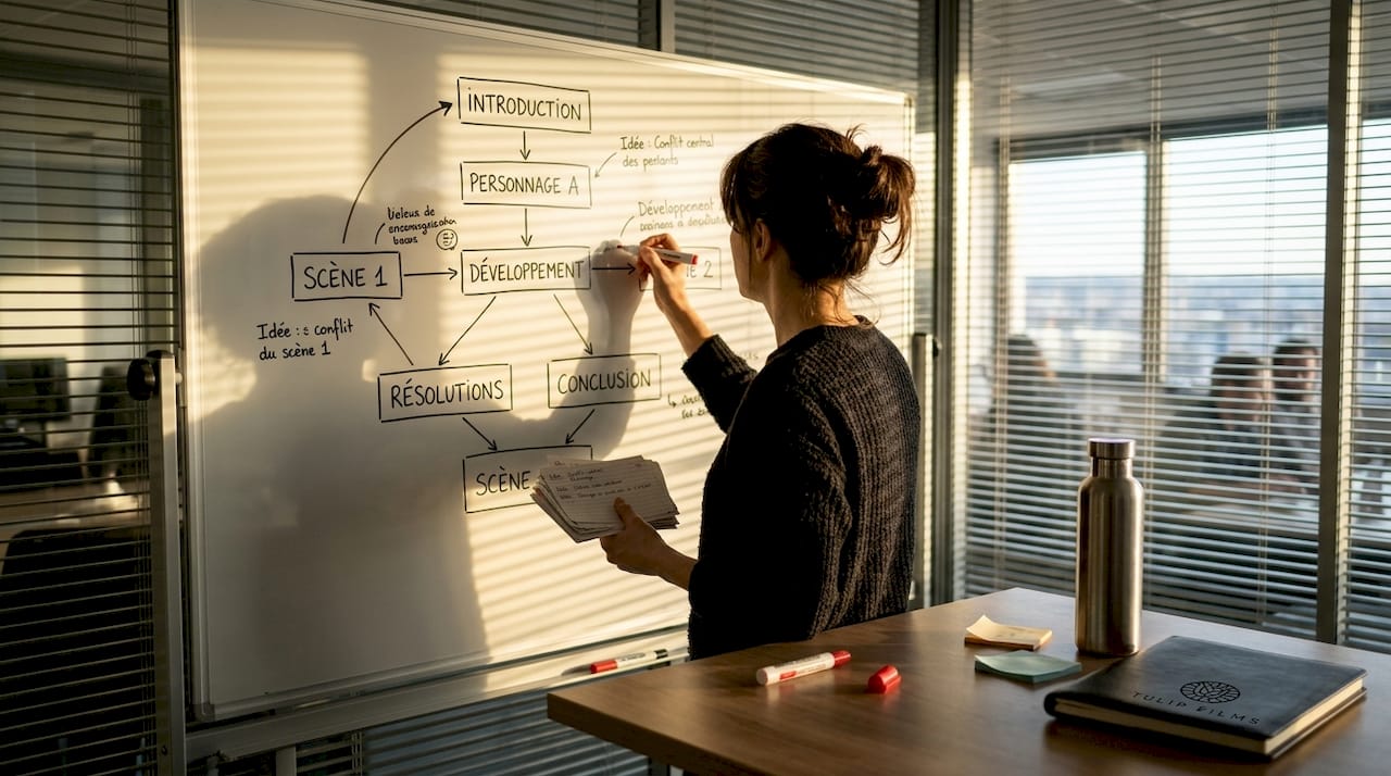 Une femme en pleine organisation du plan pour le script d’une vidéo