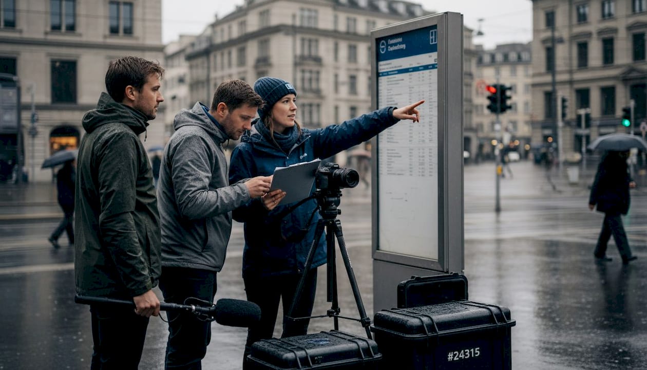 Swiss crew reviewing video production plan outdoors