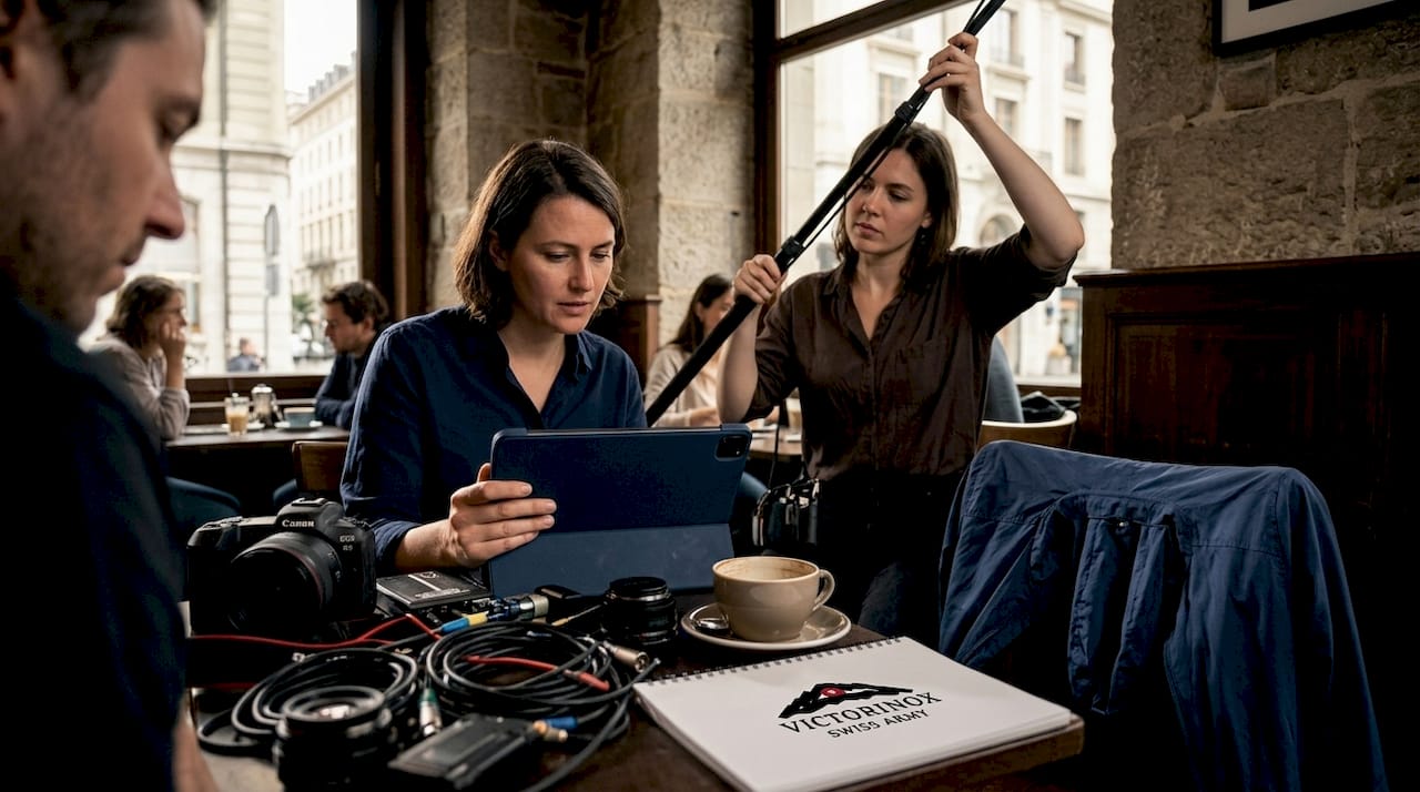 Video crew testing audio in Swiss conference room