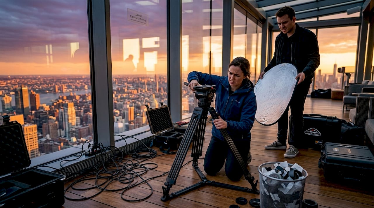 Camera crew troubleshooting lighting in office lobby