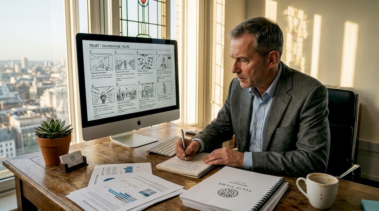 Dans son bureau baigné de lumière, un entrepreneur prépare la stratégie de son prochain film promotionnel.