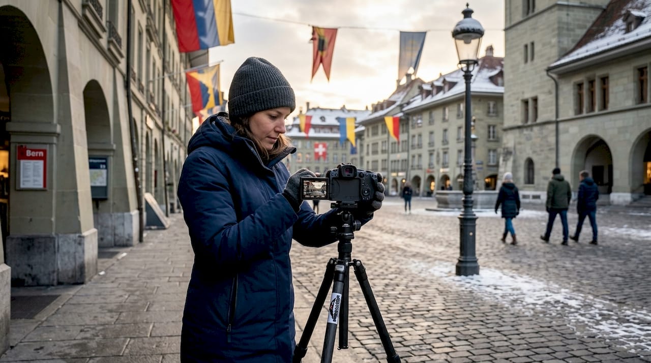 Filmmaker setting up camera in Swiss city