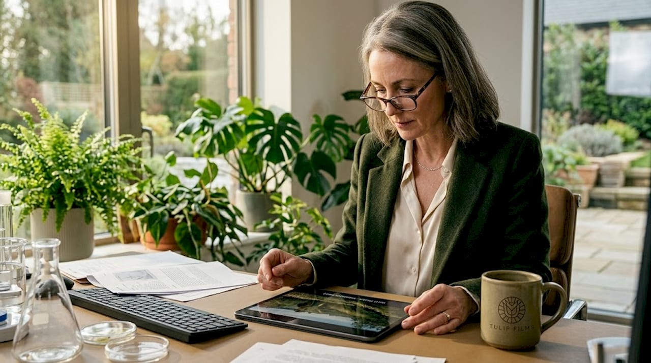 Scientist watches biotech demo video
