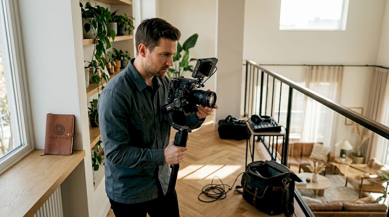 Un vidéaste en pleine séance de tournage dans un appartement baigné de lumière naturelle.