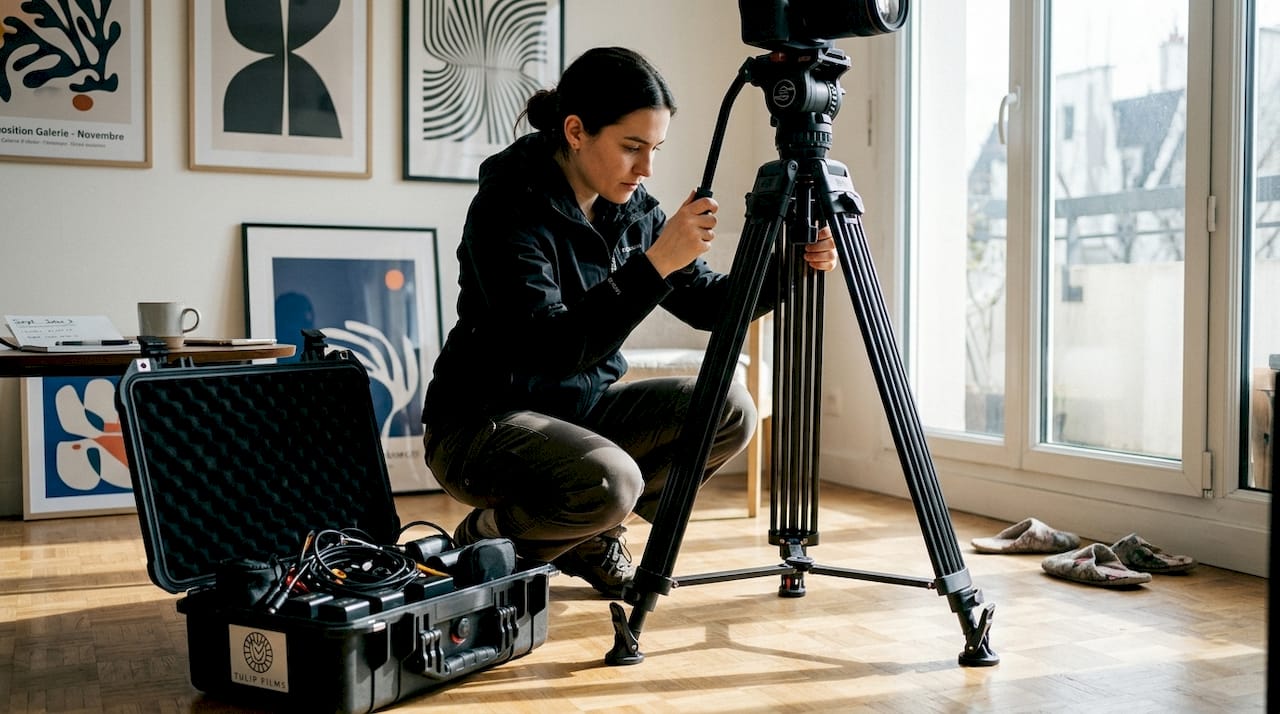 Un vidéaste s'installe et prépare son matériel dans son appartement, prêt à tourner ses prochaines vidéos.