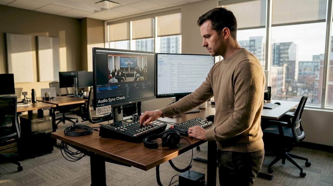 Producer overseeing video town hall setup