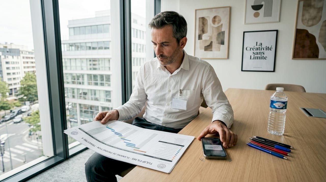 Le chef de projet passe en revue le planning du tournage corporate pour s’assurer que tout est prêt.