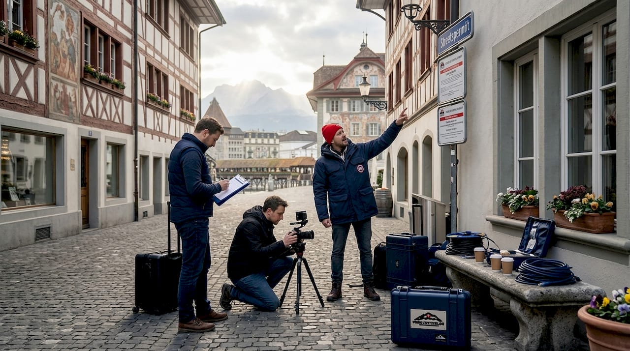 Film crew prepares shoot on Zurich street