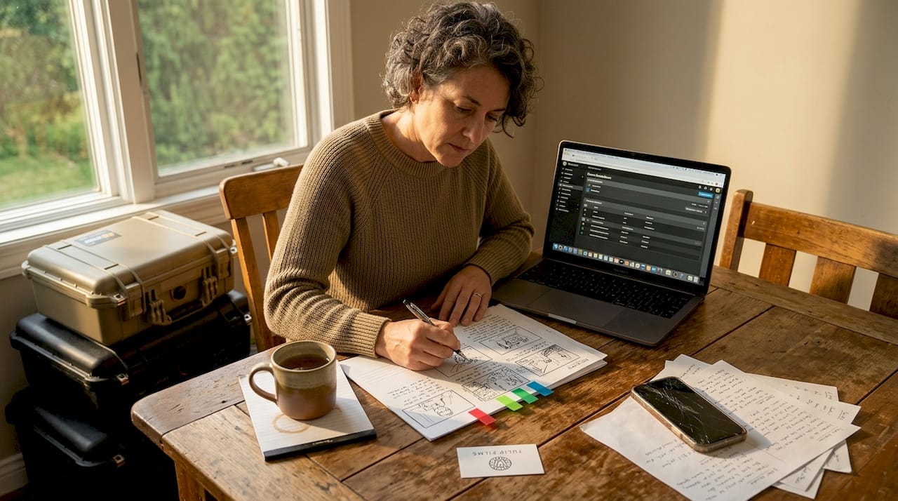 Producer planning video storyboards at kitchen table