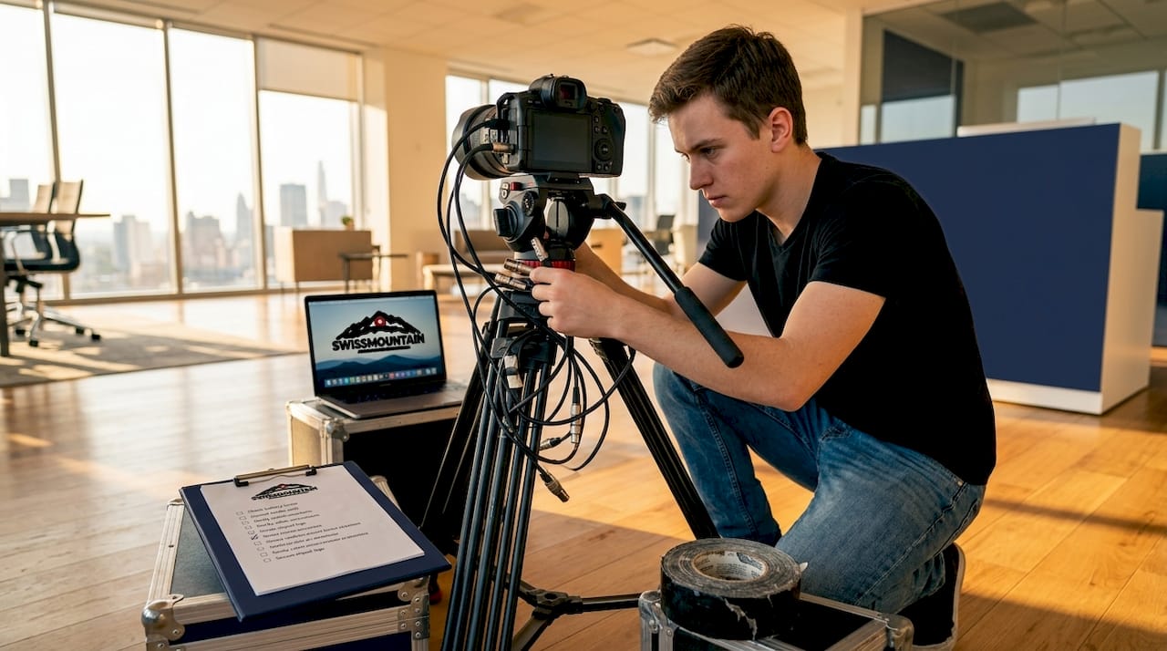 Camera assistant prepping cables for shoot