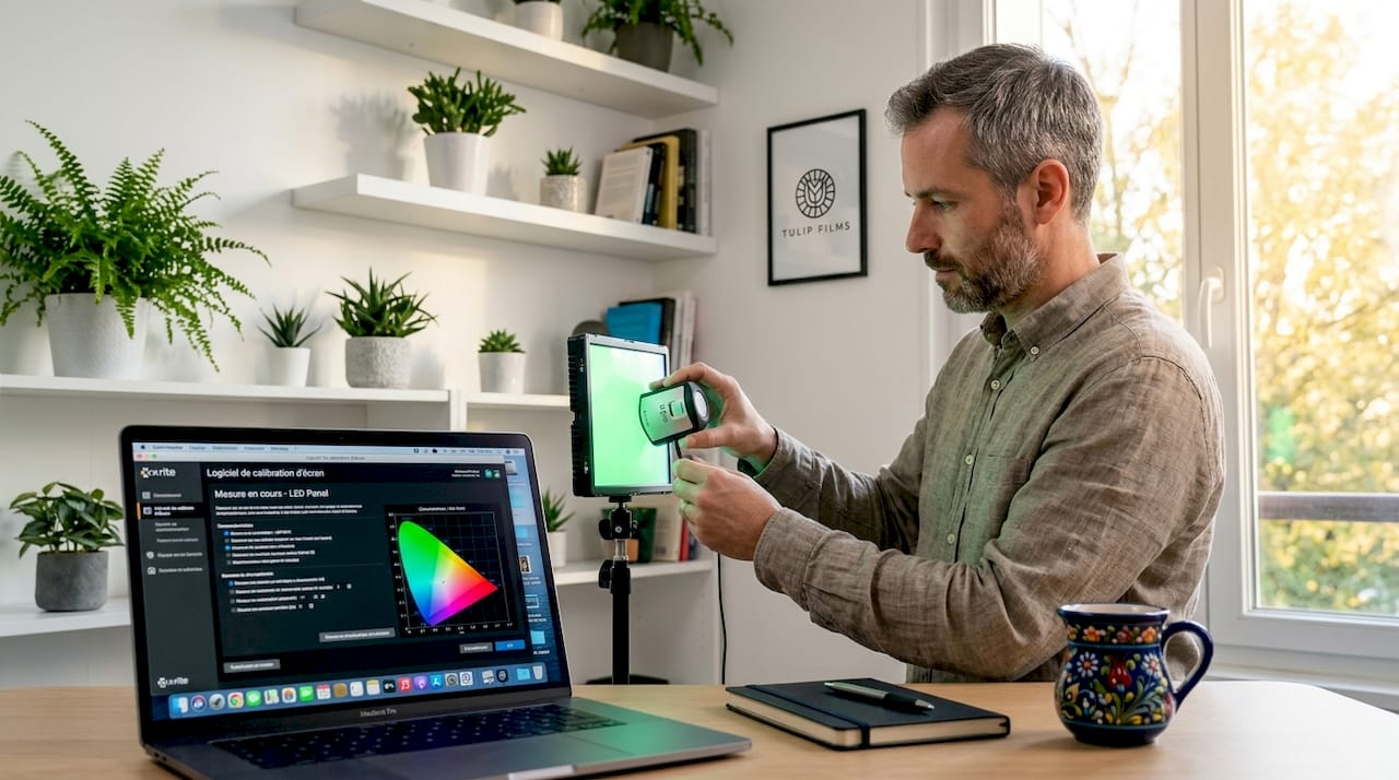 Un ingénieur contrôle la qualité de la lumière LED à l’aide d’un appareil de mesure.