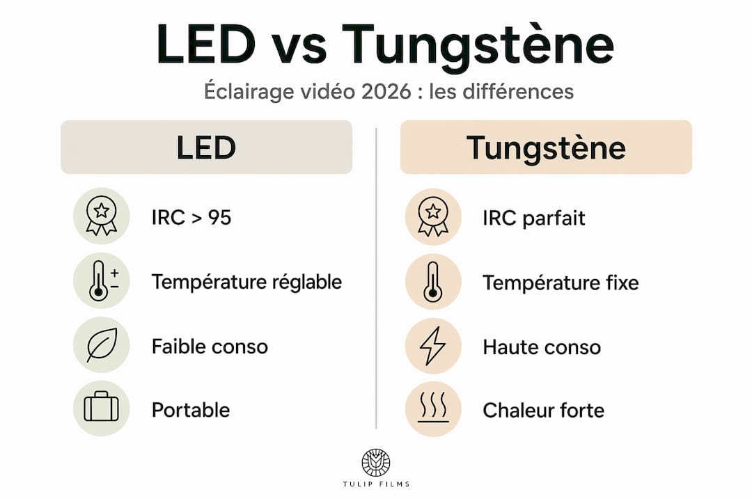 Infographie : LED ou tungstène, quel éclairage choisir pour la vidéo ?