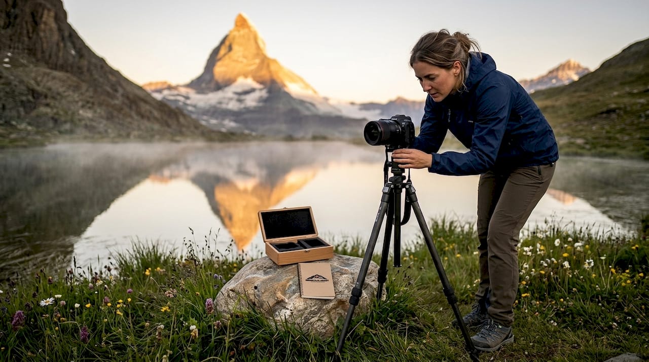Fashion photographer preparing camera by Swiss alpine lake