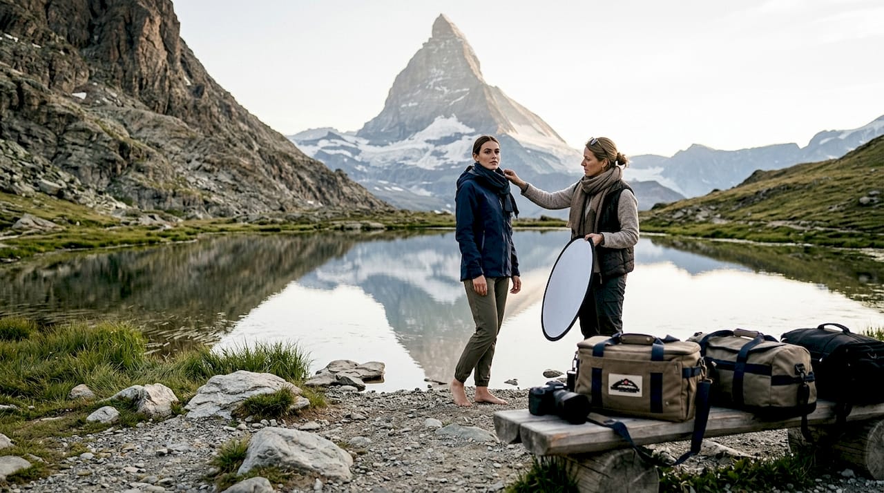 Model posing at Riffelsee lake with Matterhorn reflection