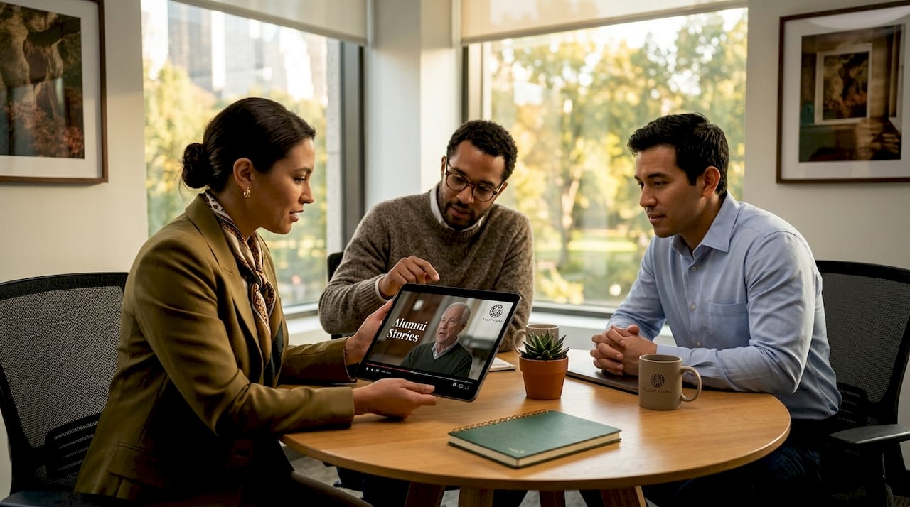 Team discussing alumni network video content