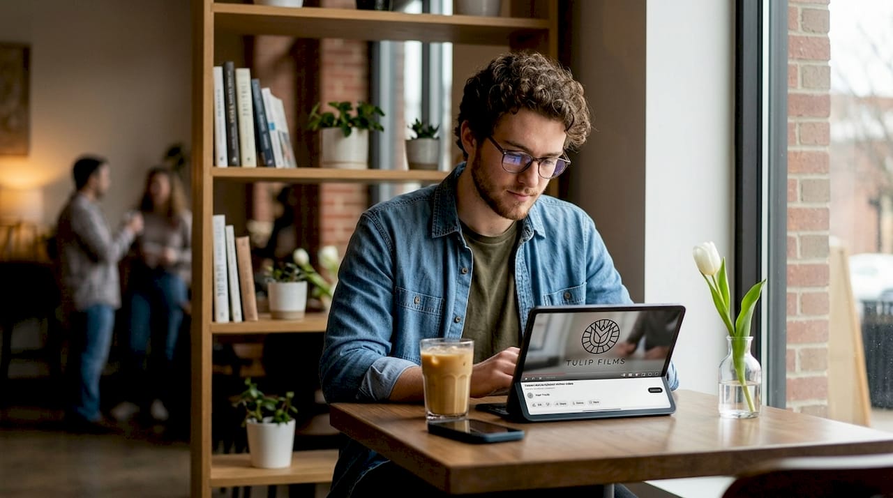 Un client consulte la vidéo de présentation d’un produit, installé tranquillement dans un café.