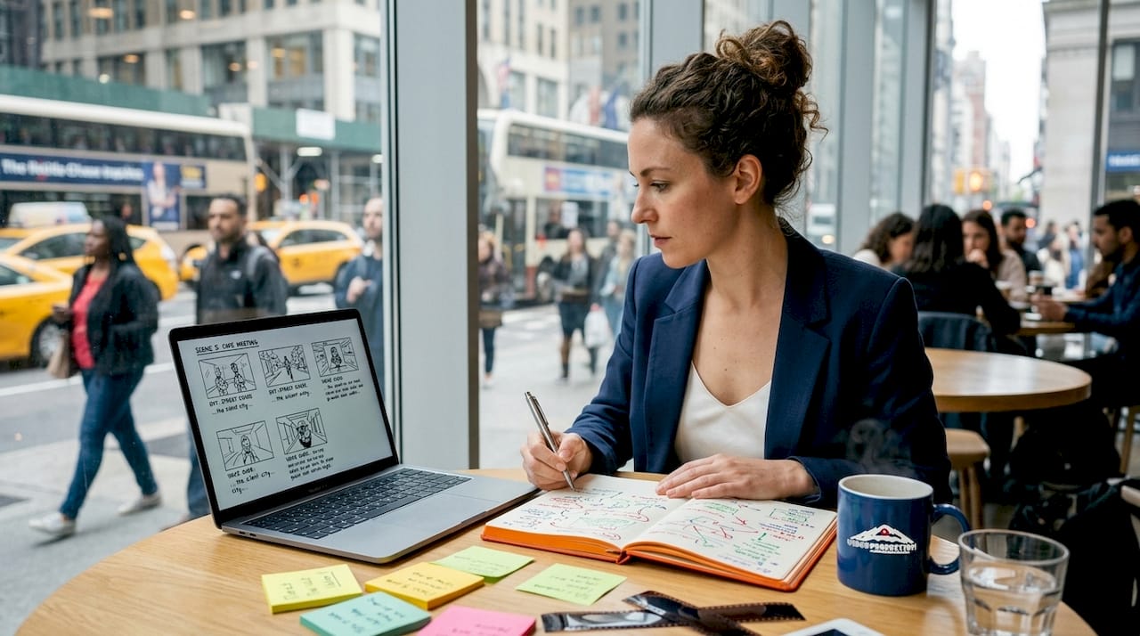 Video producer reviewing client storyboard indoors