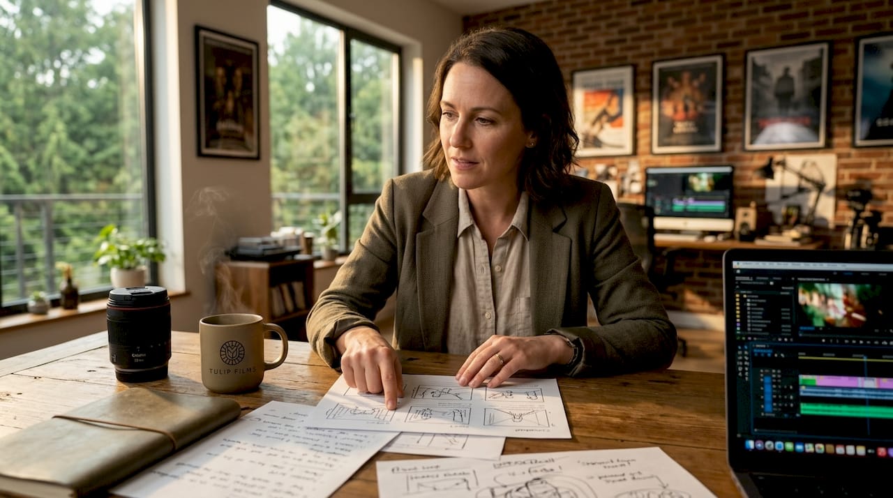 Film director reviewing partnership announcement storyboard