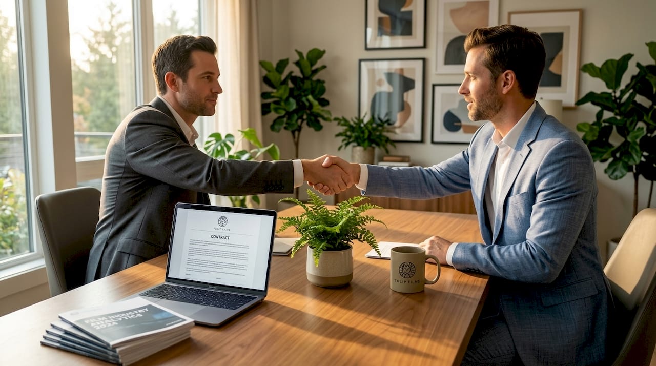 Two business partners shaking hands in meeting